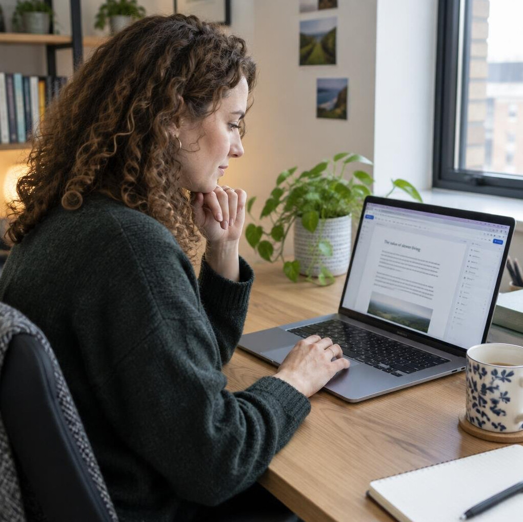 Woman editor reviewing an article on a laptop