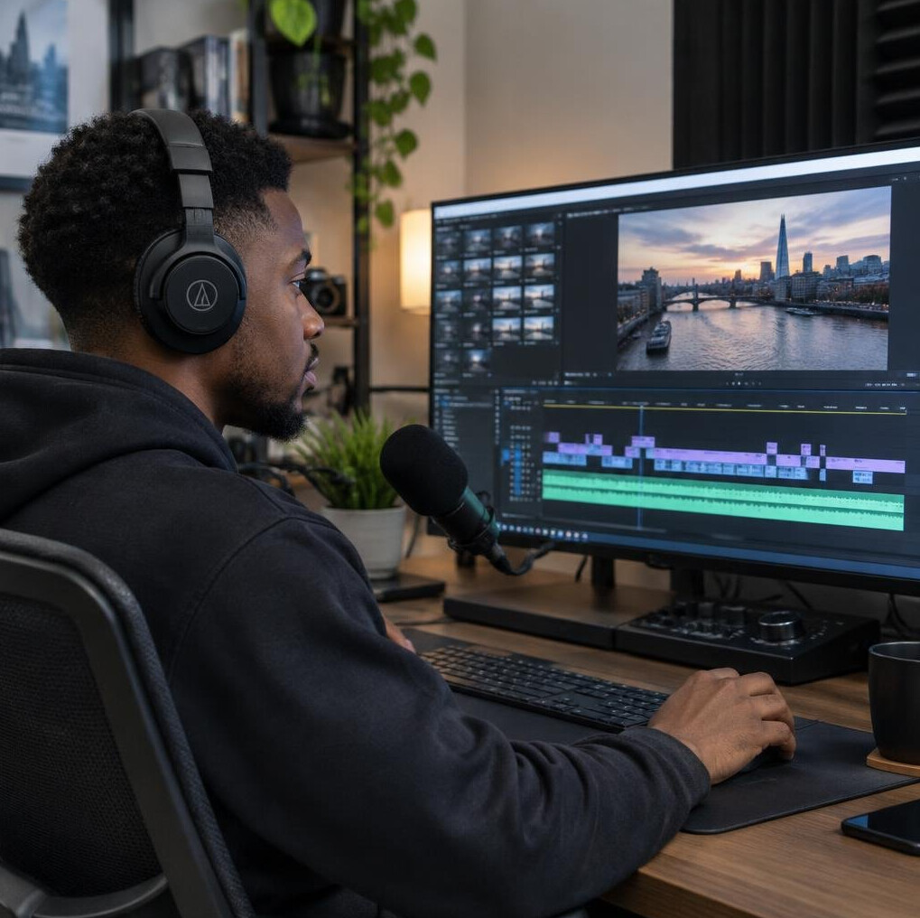 Man editing video footage with headphones on
