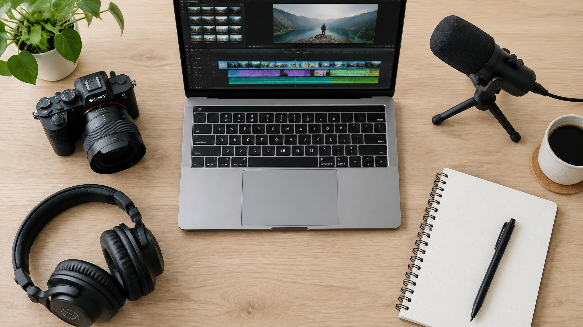 Flat lay of camera, laptop and recording equipment on a desk