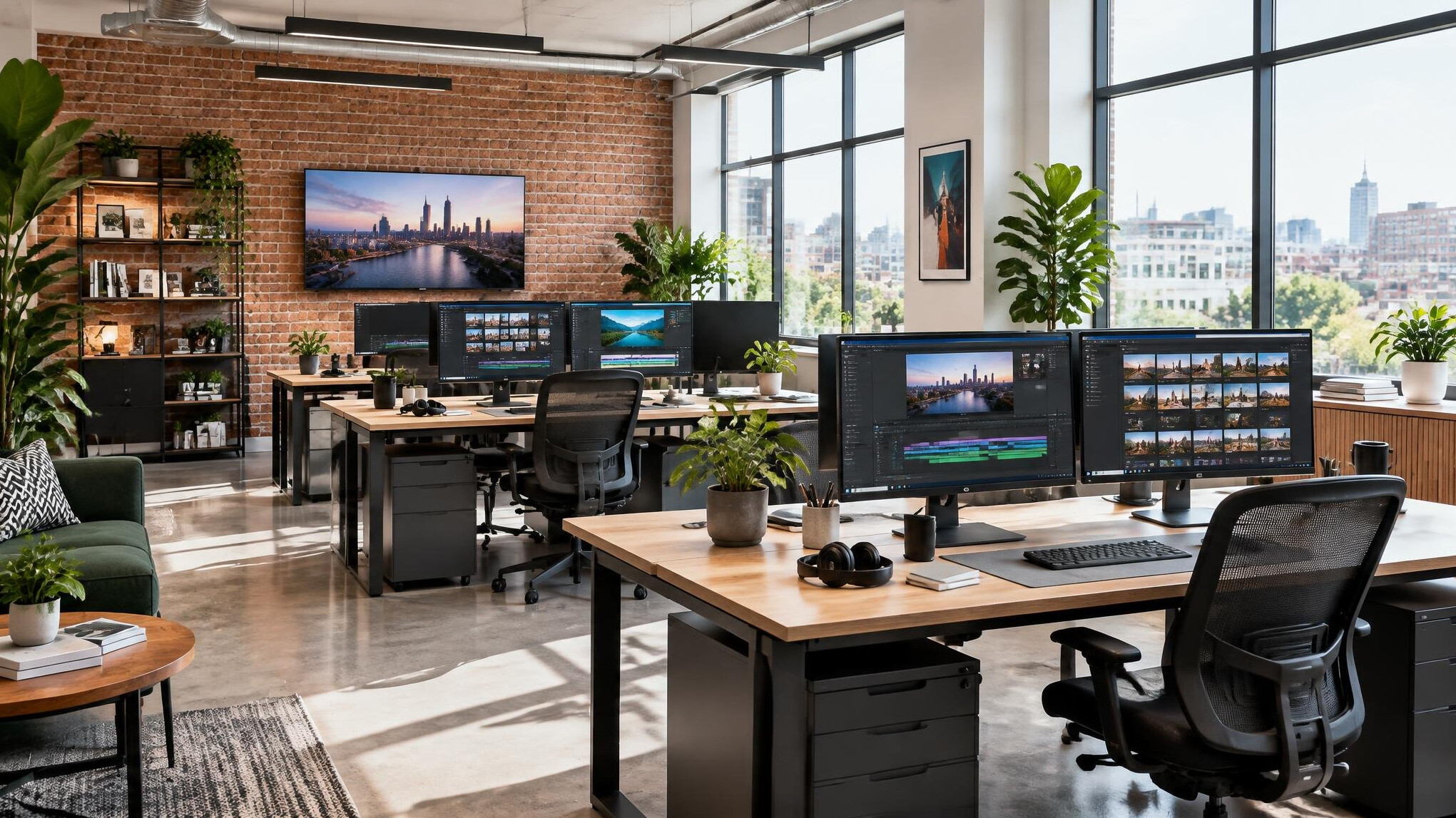 Modern digital media office interior with editorial desks