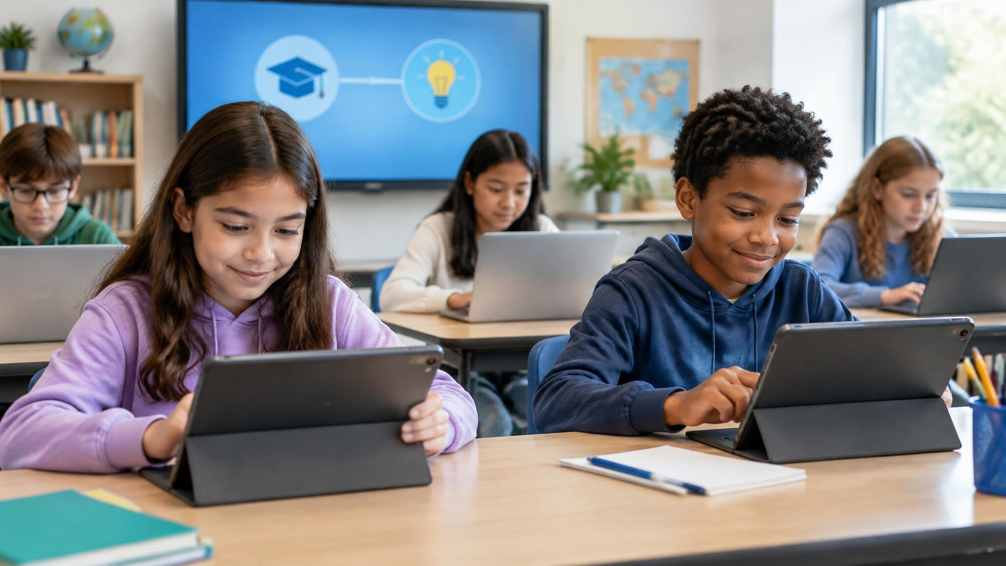 students using tablets in classroom